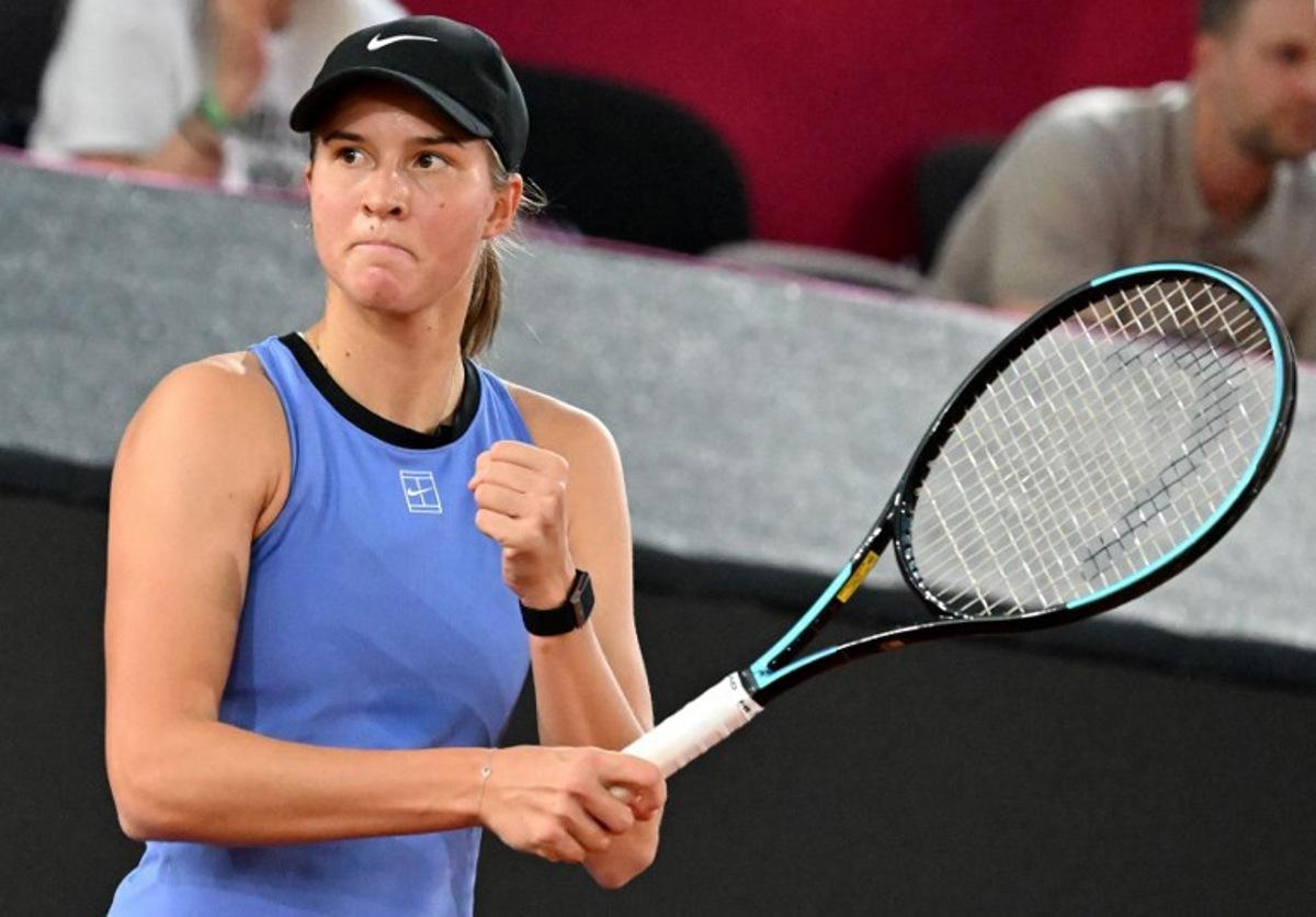 Austria's Lilli Tagger reacts as she plays against Spain's Paula Badosa during their women's singles match of the WTA Upper Austria Ladies Linz tennis tournament in Linz, Austria on April 7, 2026. BARBARA GINDL / APA / AFP