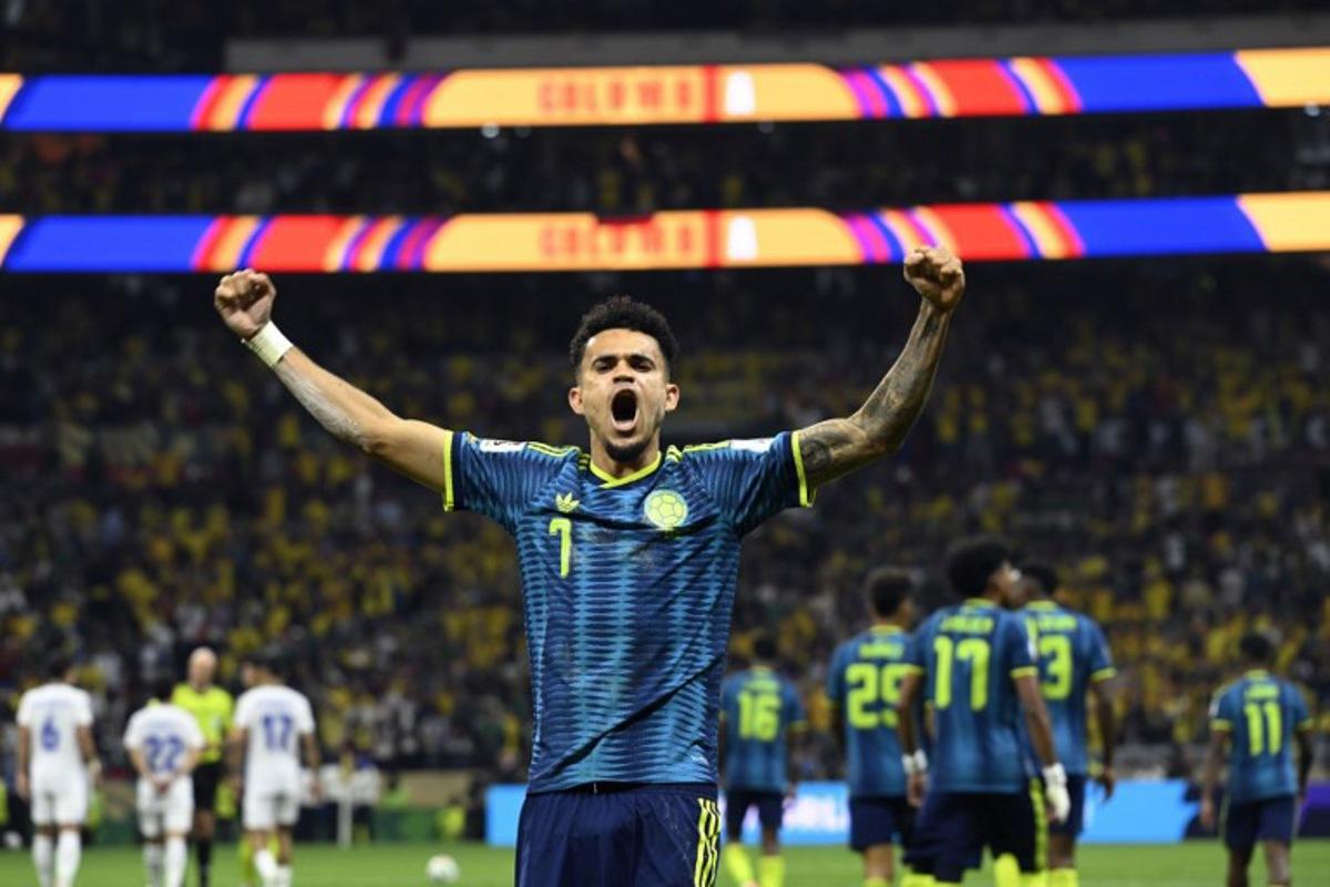 Colombia's forward #07 Luis Diaz celebrates scoring his team's second goal during the 2026 World Cup Group K football match between Uzbekistan and Colombia at the Mexico City Stadium in Mexico City on June 17, 2026. Alfredo ESTRELLA / AFP