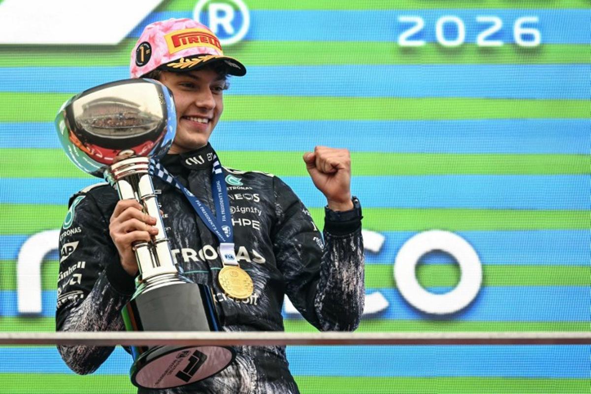 Winner Mercedes' Italian driver Kimi Antonelli celebrates on the podium after the Formula One Japanese Grand Prix at the Suzuka circuit in Suzuka, Mie prefecture on March 29, 2026. Toshifumi KITAMURA / AFP