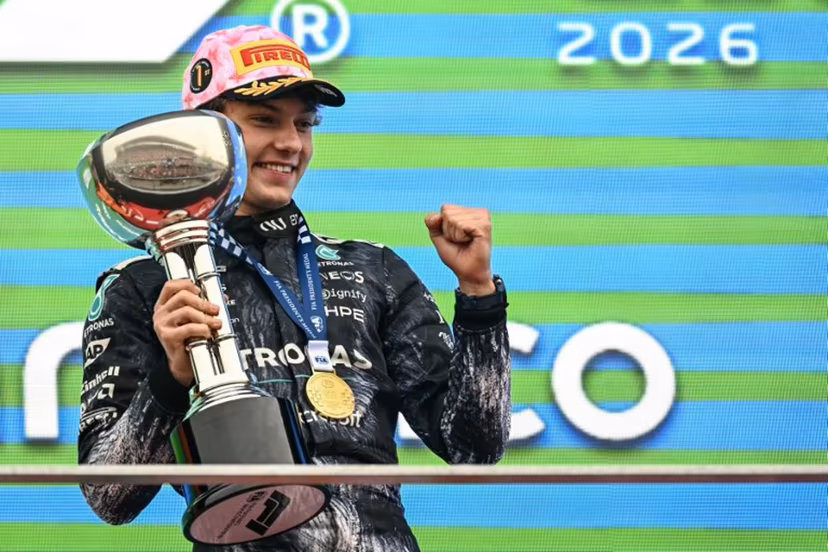 Winner Mercedes' Italian driver Kimi Antonelli celebrates on the podium after the Formula One Japanese Grand Prix at the Suzuka circuit in Suzuka, Mie prefecture on March 29, 2026. Toshifumi KITAMURA / AFP