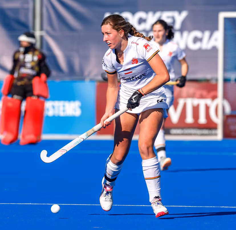 Belgium's Agathe Favart pictured in action during a hockey game between Belgian national team Red Panthers and Spain, The fifth game (out of 16) in the group stage of the 2025-2026 women's FIH Pro League, Thursday 05 February 2026 in Valencia, Spain. BELGA PHOTO DAVID GONZALEZ
