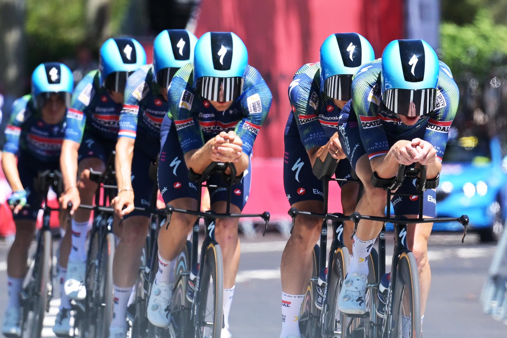 Soudal Quick-Step riders pictured during a training ahead of the first stage of the 2026 Tour de France cycling race, a team time trial of 19km with start and finish in Barcelona, Spain, Saturday 04 July 2026. The 113th edition of the Tour de France starts on Saturday 4 July in Barcelona, Spain, and will finish in Paris, France on the 26th of July. BELGA PHOTO DAVID PINTENS
