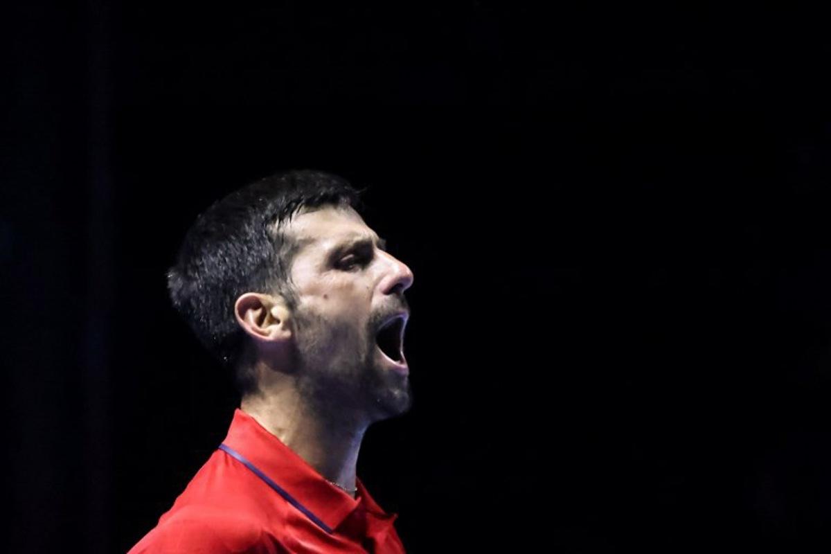Serbia's Novak Djokovic reacts after a point against US' Taylor Fritz during the third-placed match at the Six Kings Slam exhibition tennis tournament in Riyadh on October 18, 2025. Fayez NURELDINE / AFP