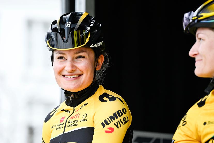 Dutch Eva Van Agt of Team Jumbo-Visma pictured at the start of the women's race of the 'Ronde van Vlaanderen/ Tour des Flandres/ Tour of Flanders' one day cycling event, 158km with start and finish in Oudenaarde, Sunday 02 April 2023. BELGA PHOTO TOM GOYVAERTS