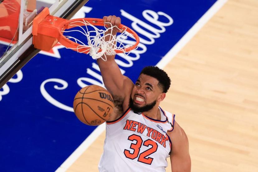 Knicks' center #32 Karl-Anthony Towns reacts after a dunk during Game Five of the Eastern Conference Finals of the 2025 NBA Playoffs between the New York Knicks and the Indiana Pacers at Madison Square Garden in New York on May 29, 2025. CHARLY TRIBALLEAU / AFP