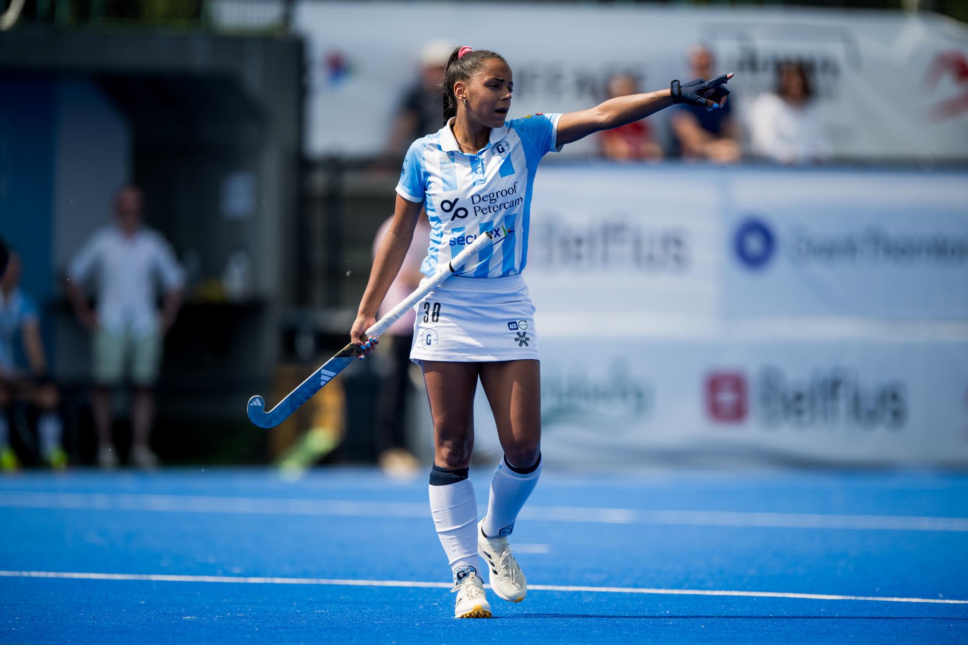 Gantoise's Ambre Ballenghien reacts during a hockey game between Royal Leopold Club and Gantoise, Saturday 31 May 2025 in Gent, the finals of the 'Dr. Oetker Cup'. Launched in the 2024-2025 season, the new Dr. Oetker Hockey Cup brings together all teams playing in the Belgian League, regardless of their division. BELGA PHOTO JASPER JACOBS