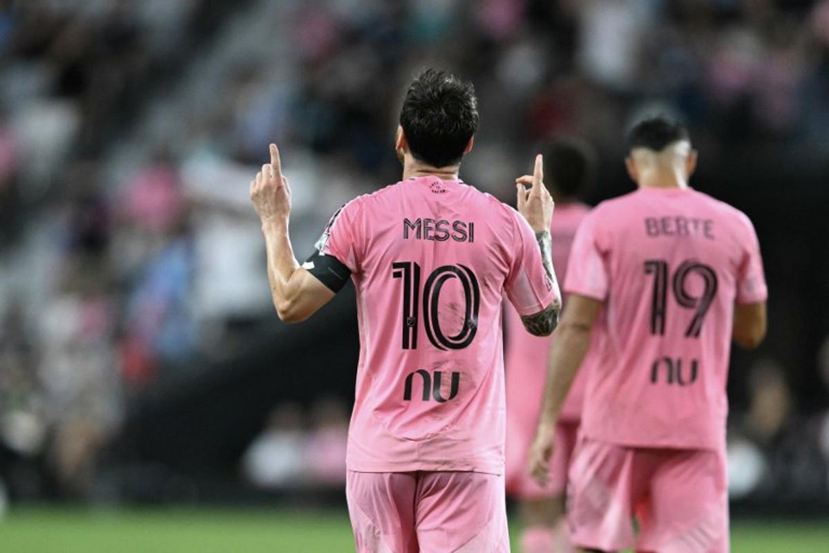 Inter Miami's Argentine forward #10 Lionel Messi celebrates after scoring his second goal during the Major League Soccer (MLS) regular season football match between Inter Miami CF and CF Montreal at Nu Stadium in Miami, Florida, on August 29, 2026. CHANDAN KHANNA / AFP