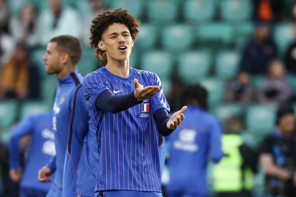 France's forward #25 Maghnes Akliouche reacts during a warm up session before the international friendly football match between France and Ivory Coast ahead of the 2026 FIFA World Cup football tournament at the Stade de la Beaujoire in Nantes, western France, on June 4, 2026. FRANCK FIFE / AFP