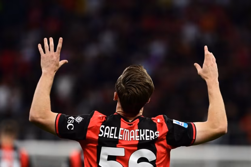 AC Milan's Belgian midfielder #56 Alexis Saelemaekers celebrates after scoring his team's first goal during the Italian Serie A football match between AC Milan and Cagliari at the San Siro Stadium in Milan on May 24, 2026. Piero CRUCIATTI / AFP