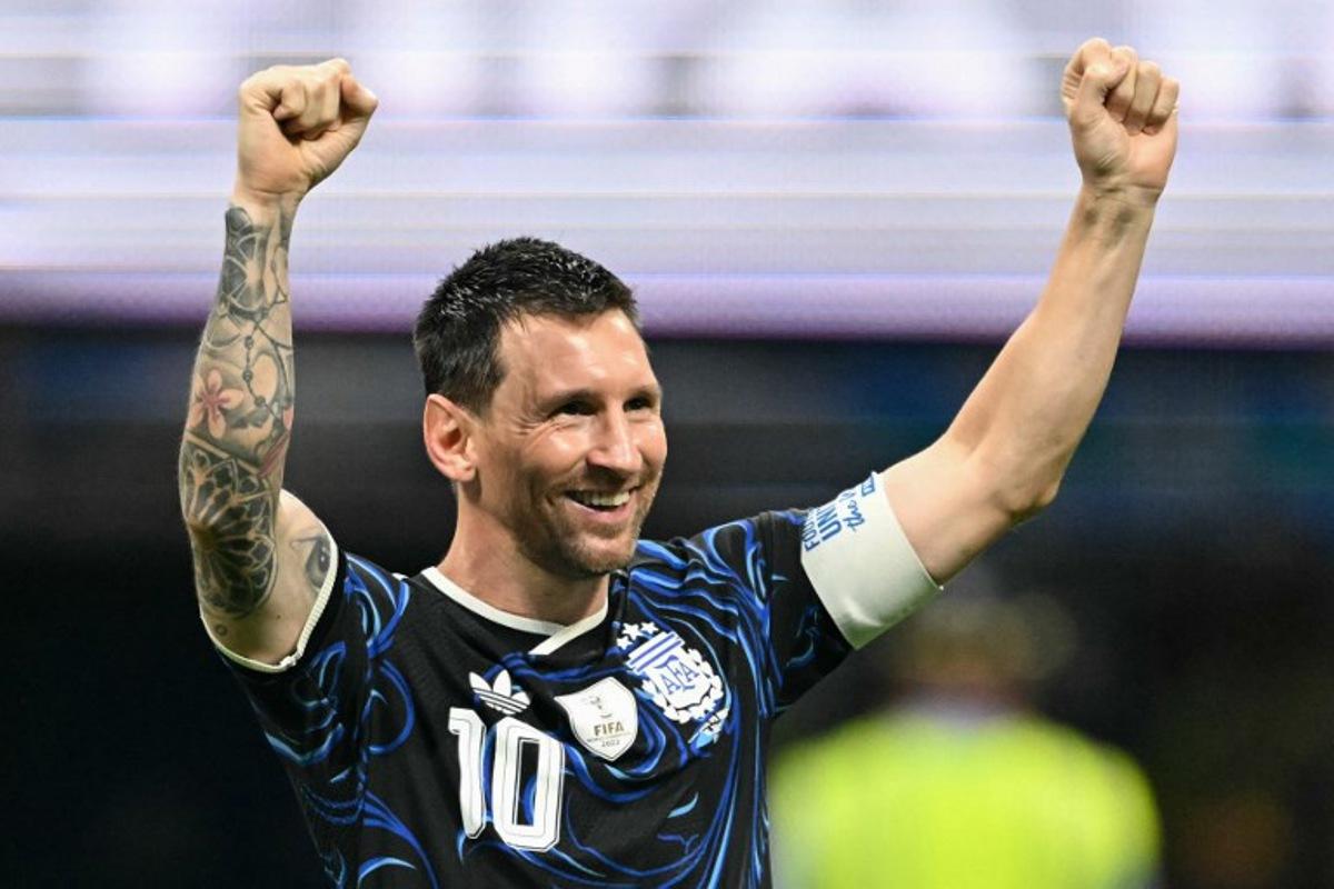 Argentina's forward #10 Lionel Messi celebrates after winning the 2026 World Cup football tournament semi-final match between England and Argentina at the Atlanta Stadium in Atlanta on July 15, 2026. ROBERTO SCHMIDT / AFP