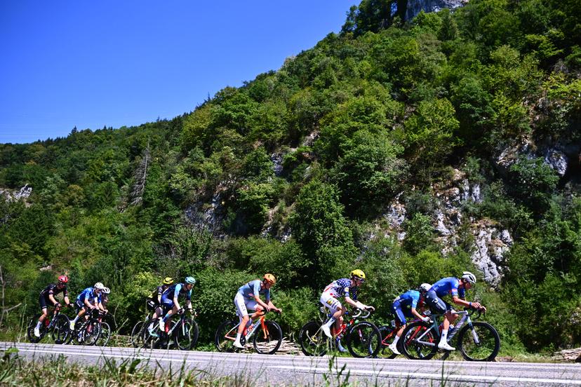 British Joshua Tarling of Netcompany-INEOS, American Quinn Simmons of Lidl-Trek, French Guillaume Martin of Groupama-FDJ United and Dutch Mathieu van der Poel of Alpecin-Premier Tech pictured in action during stage 17 of the 2026 Tour de France cycling race, a stage of 175km from Chambery to Voiron, on Wednesday 22 July 2026. The 113th edition of the Tour de France starts on Saturday 4 July in Barcelona, Spain, and will finish in Paris, France on the 26th of July. BELGA PHOTO POOL GREGORY VAN GANSEN