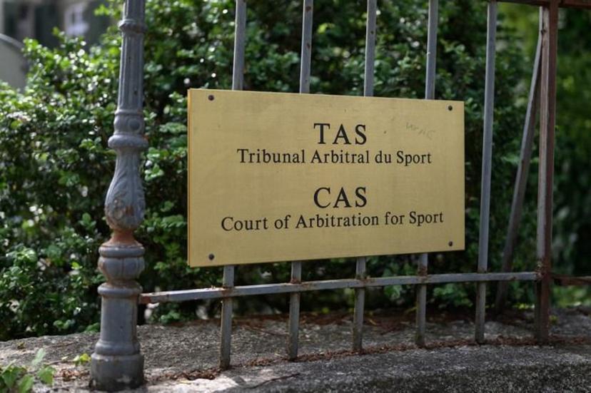 A picture taken on June 8, 2020 shows a sign at the entrance of the Court of Arbitration for Sport (CAS or TAS for Tribunal Arbitral du Sport) in Lausanne on the opening day of an appeal by football club Manchester City against a two-year ban from European competition, accused of overstating sponsorship revenue to hide that they had not complied with UEFA's financial fair play (FFP) rules. Fabrice COFFRINI / AFP