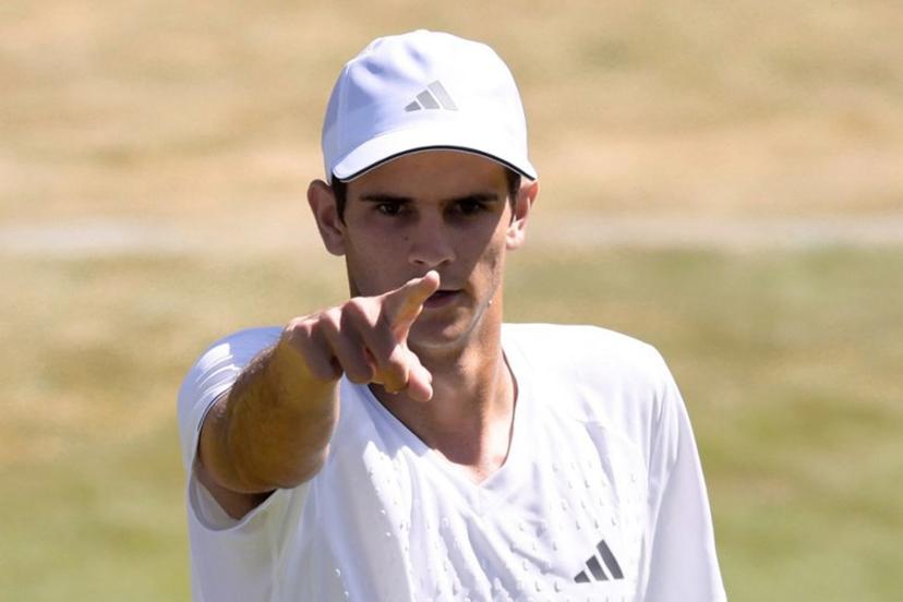 Spain's Rafael Jodar celebrates beating Spain's Pablo Carreno Busta during their men's singles second round tennis match on the fourth day of the 2026 Wimbledon Championships at The All England Lawn Tennis and Croquet Club in Wimbledon, southwest London, on July 2, 2026. Henry NICHOLLS / AFP