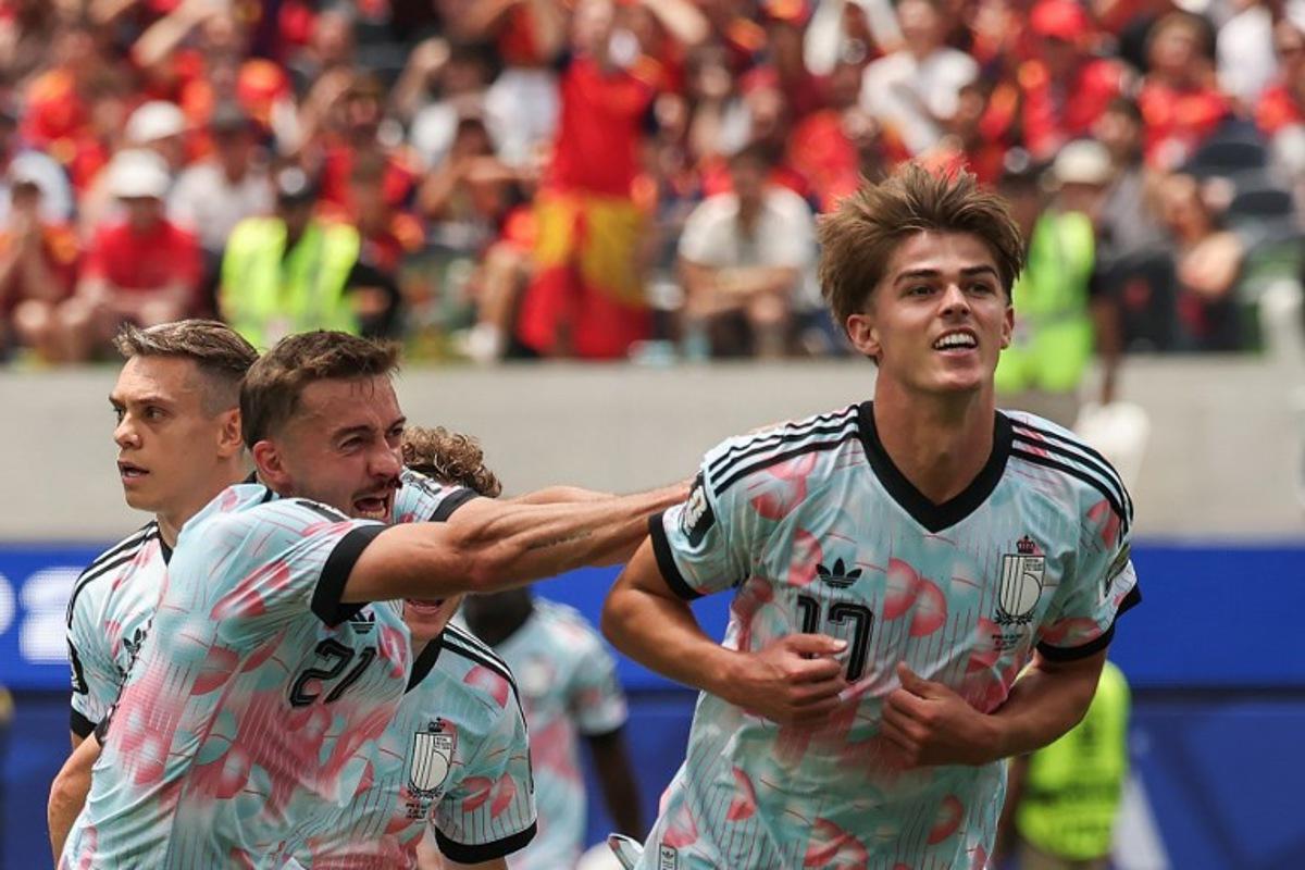 Belgium's forward #17 Charles De Ketelaere celebrates scoring his team's first goal during the 2026 World Cup football tournament quarter-final match between Spain and Belgium at the Los Angeles Stadium in Inglewood on July 10, 2026. ETIENNE LAURENT / AFP