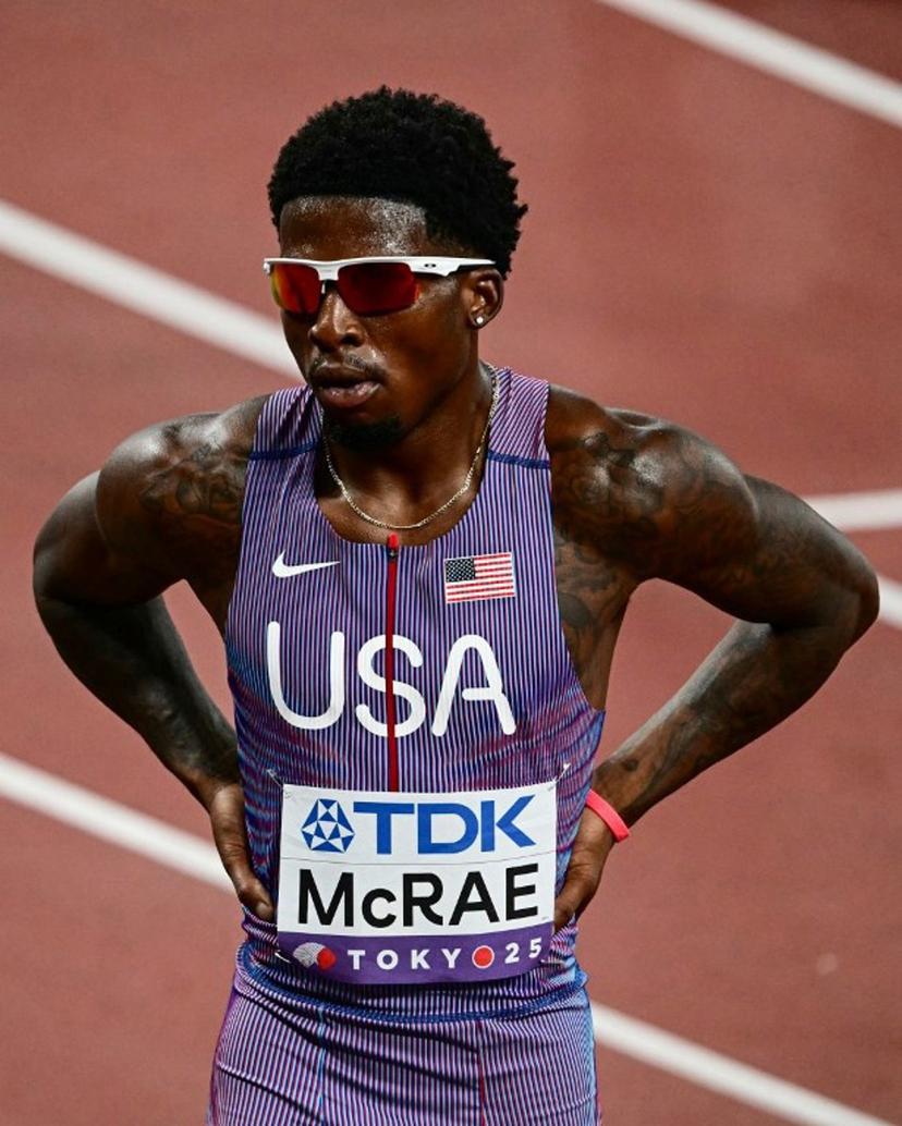 US' athlete Khaleb Mcrae reacts after competing in the men's 400m heats during the World Athletics Championships in Tokyo on September 14, 2025. Yuichi YAMAZAKI / AFP