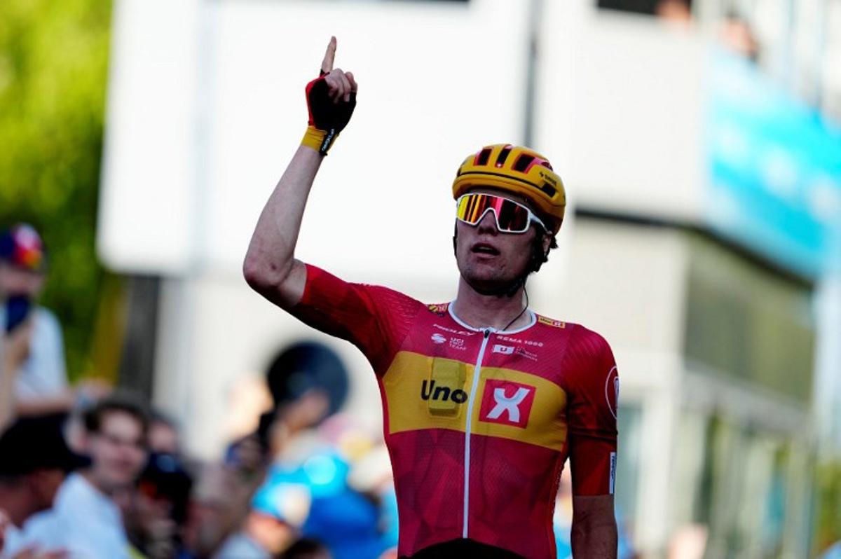 Norway's Soren Waerenskjold reacts after winning the second stage of the PostNord Tour of Denmark (Danmark Rundt) in Gladsaxe, Denmark, on August 13, 2025. Mads Claus Rasmussen / Ritzau Scanpix / AFP