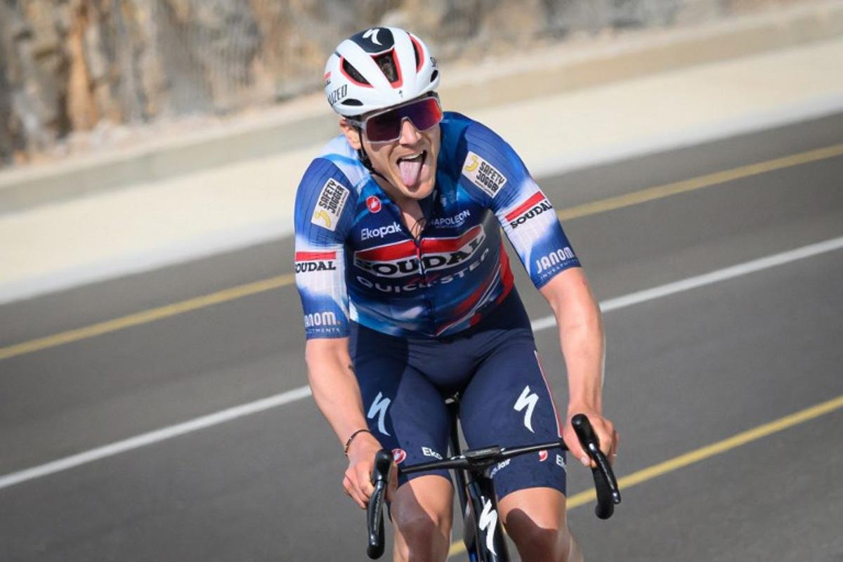 Soudal Quick-Step team's belgian rider Louis Vervaeke competes during the second stage from Al Rustaq fort to Yitti Hills, of the Tour of Oman cycling race, on February 9, 2025. Loic VENANCE / AFP