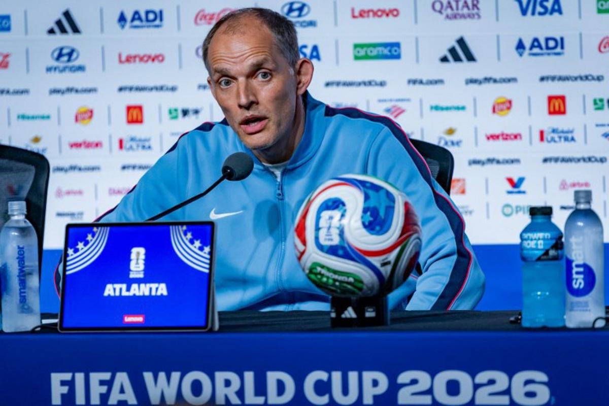 England's German head coach Thomas Tuchel gives an MD-1 press conference at Atlanta Stadium in Atlanta on June 30, 2026, on the eve of the 2026 World Cup round of 32 football match between England and Democratic Republic of the Congo. Odd ANDERSEN / AFP