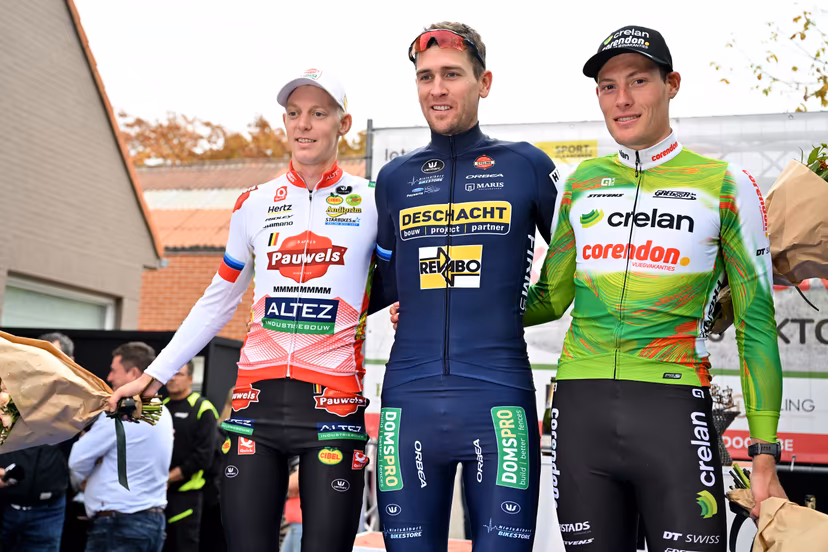 Belgian Michael Vanthourenhout, Belgian Toon Aerts, Belgian Joran Wyseure pictured on the podium after the men's elite race of the 'Kermiscross' cyclocross cycling event in Ardooie, Thursday 16 October 2025. BELGA PHOTO LUC CLAESSEN