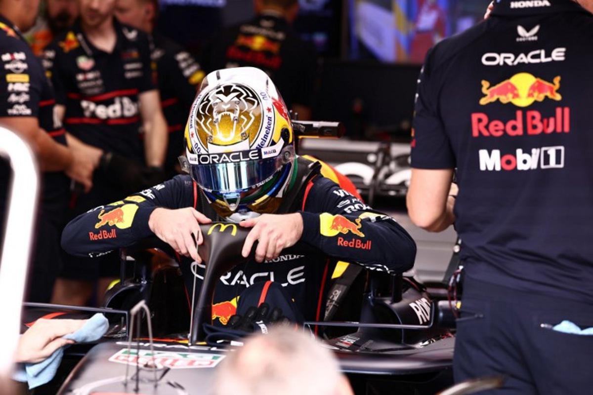 Red Bull Racing's Dutch driver Max Verstappen gets out of his car during the qualifying session of the Sao Paulo Formula One Grand Prix at the Jose Carlos Pace racetrack, aka Interlagos, in Sao Paulo, Brazil on November 8, 2025. JEAN CARNIEL / POOL / AFP