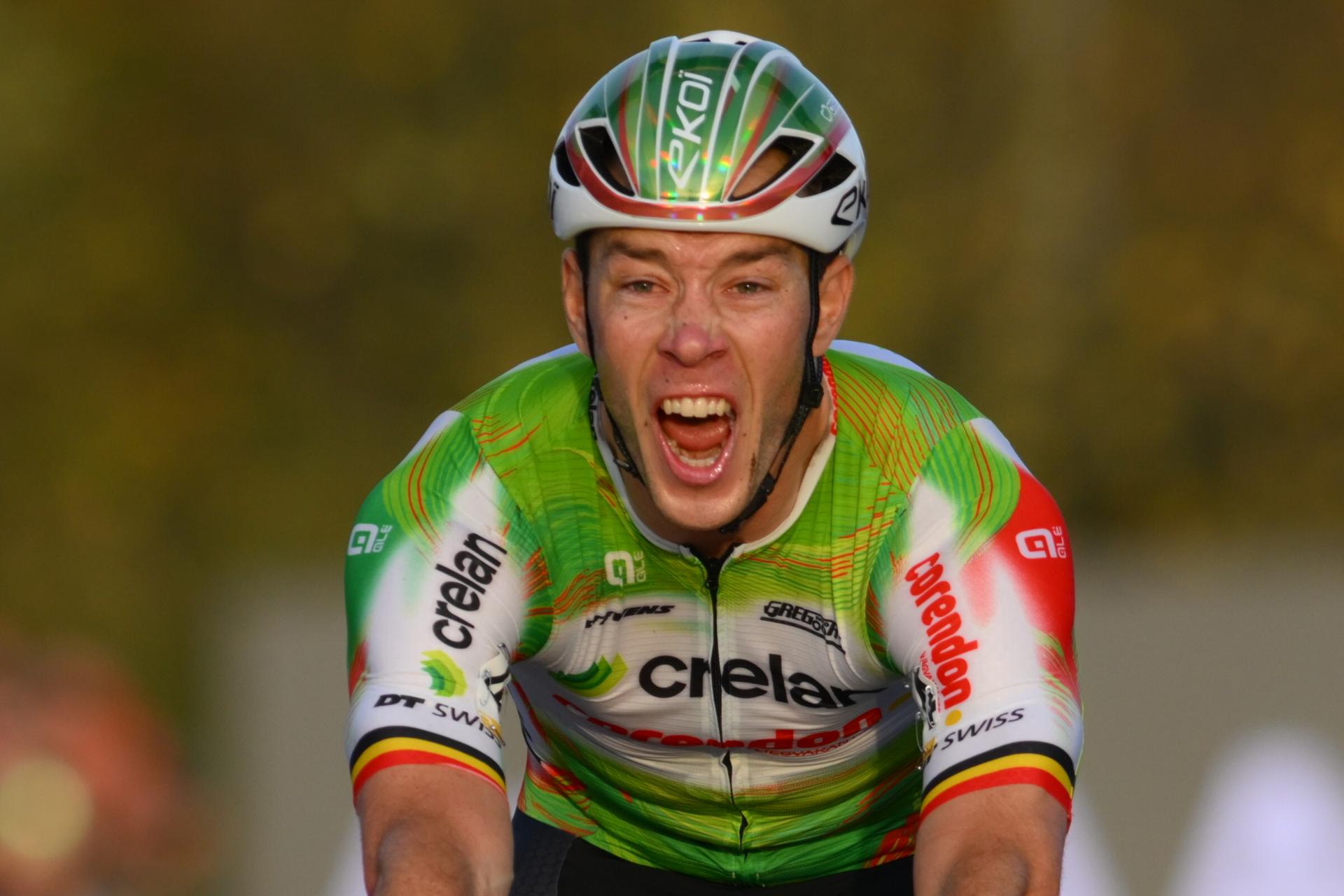 Belgian Laurens Sweeck celebrates as he crosses the finish line to win the men's elite race at the 'Jaarmarktcross' cyclocross cycling event in Niel, race 3/8 of the Superprestige competition, on Tuesday 11 November 2025. BELGA PHOTO DAVID PINTENS