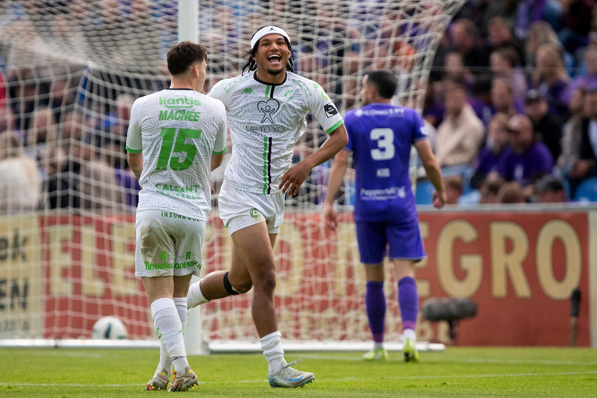 Cercle's Paris Bunner celebrates after scoring during a soccer match between Patro Eisden Maasmechelen and Cercle Brugge, Sunday 18 May 2025 in Maasmechelen, the first leg of the Relegation Play-offs Finals of the 2024-2025 'Jupiler Pro League' Belgian championship. The winner of the meeting will qualify to play in the First Division. BELGA PHOTO KRISTOF VAN ACCOM