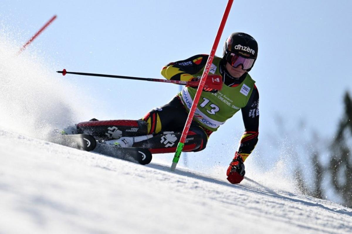 Belgium's Armand Marchant competes in the first run of the Men's Slalom event, part of FIS Alpine Ski World Cup 2025-2026 in Kranjska Gora, Slovenia on March 8, 2026. JURE MAKOVEC / AFP