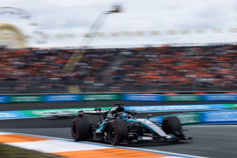 Mercedes' British driver George Russell drives during the first practice session of the Formula One Dutch Grand Prix at The Circuit Zandvoort, western Netherlands, on August 21, 2026. SIMON WOHLFAHRT / AFP