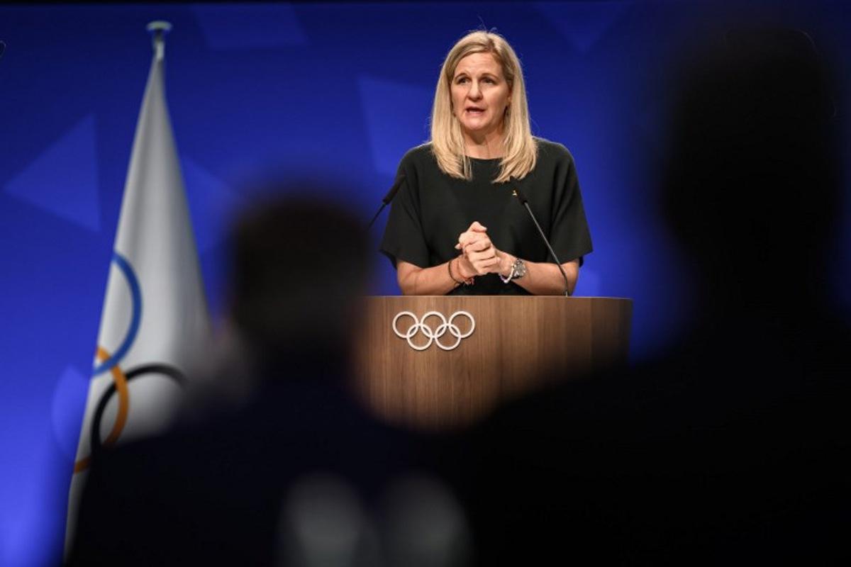 International Olympic Committee president (IOC) Kirsty Coventry delivers her speech at the opening of an IOC session, in Lausanne, on June 24, 2026. Fabrice COFFRINI / AFP