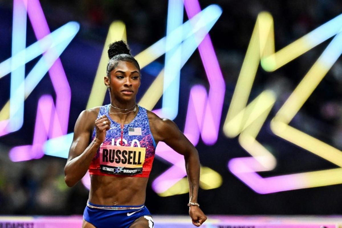US' Masai Russell competes to win the women's 100m hurdles final during the World Athletics Ultimate Championship at the Gyula Zsivotzky National Athletics Centre, in Budapest on September 11, 2026. Jewel SAMAD / AFP