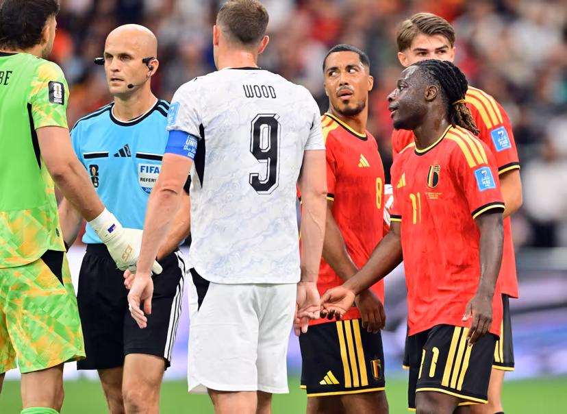 referee Adham Makhadmeh and Belgium's Jeremy Doku pictured during a soccer game between Belgian national team Red Devils and New Zealand, on Friday 26 June 2026, at the BC Place Vancouver stadium in Vancouver, Canada, the third game in the group stage of the FIFA World Cup 2026. The Diables Rouges - Rode Duivels were drawn into Group G. BELGA PHOTO DIRK WAEM