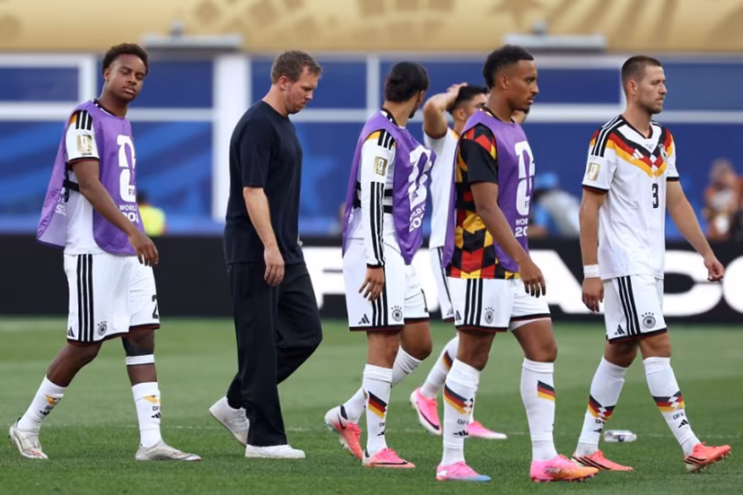 Germany's head coach Julian Nagelsmann (2nd L) reacts after losing the penalty shootout during the 2026 World Cup round of 32 football match between Germany and Paraguay at the Boston Stadium in Foxborough on June 29, 2026. FRANCK FIFE / AFP