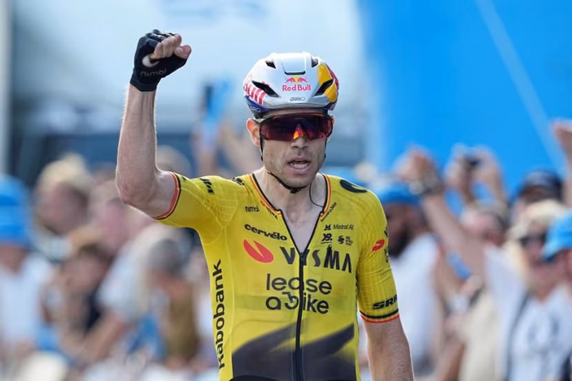 Team Visma - Lease a bike team's Belgian rider Wout van Aert celebrates during Stage 1 of the PostNord Danmark Rundt, in Aalborg on, July 29, 2026. Bo Amstrup / Ritzau Scanpix / AFP