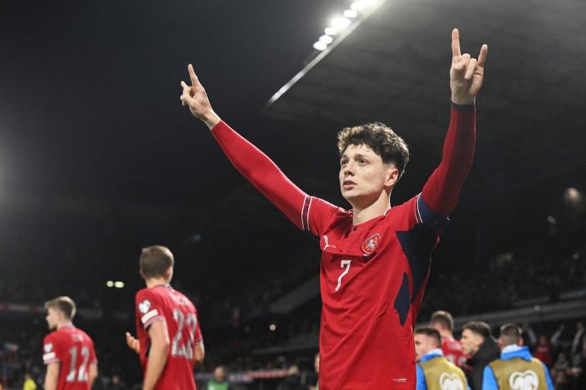 Czech Republic's defender #07 Ladislav Krejci celebrates after scoring the 2-1 goal during the first period of extra time during the FIFA World Cup 2026 European qualification final football match Czech Republic vs Denmark on March 31, 2026 in Prague, Czech Republic. Michal Cizek / AFP