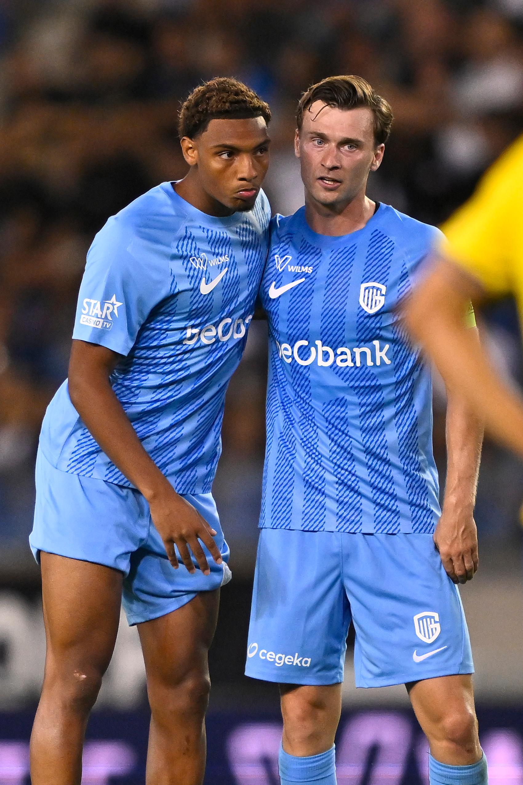 Genk's Kenan Haroun and Genk's Bryan Heynen are pictured during a soccer match between KRC Genk and KVC Westerlo, Saturday 15 August 2026 in Genk, on day 2 of the 2026-2027 'Jupiler Pro League' first division of the Belgian championship. BELGA PHOTO JOHAN EYCKENS