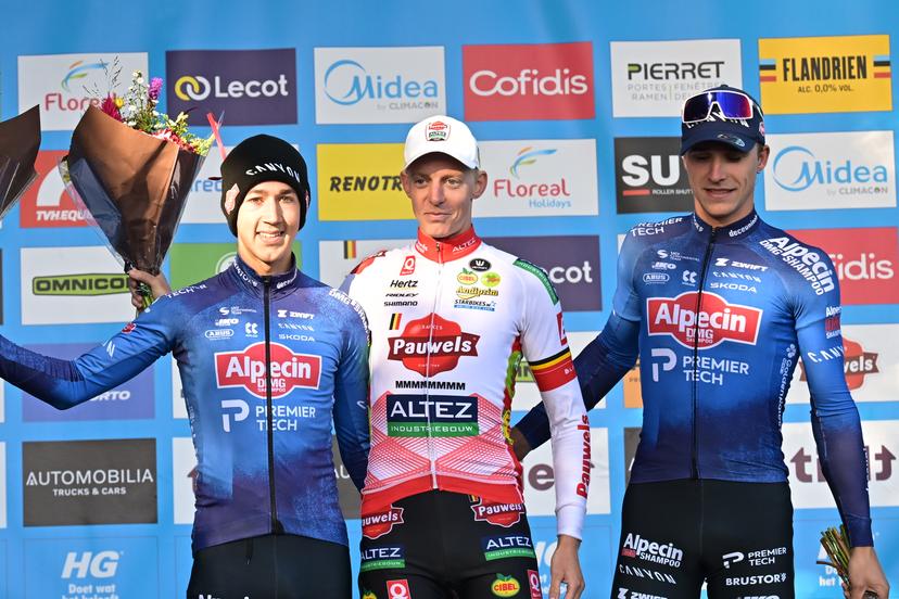 Belgian Jente Michels; Belgian Michael Vanthourenhout and Belgian Niels Vandeputte pictured on the podium after the men's elite race of the 'Berencross Meulebeke' cyclocross cycling event, race 2/8 in the 'HG Cross' competition, on Saturday 17 October 2026. BELGA PHOTO DAVID PINTENS