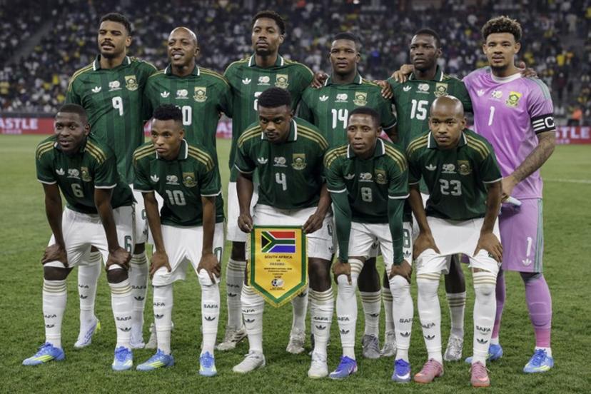 South Africa's team pose for a photograph ahead of the friendly international football match between South Africa and Panama at the Cape Town Stadium in Cape Town on March 31, 2026. GIANLUIGI GUERCIA / AFP