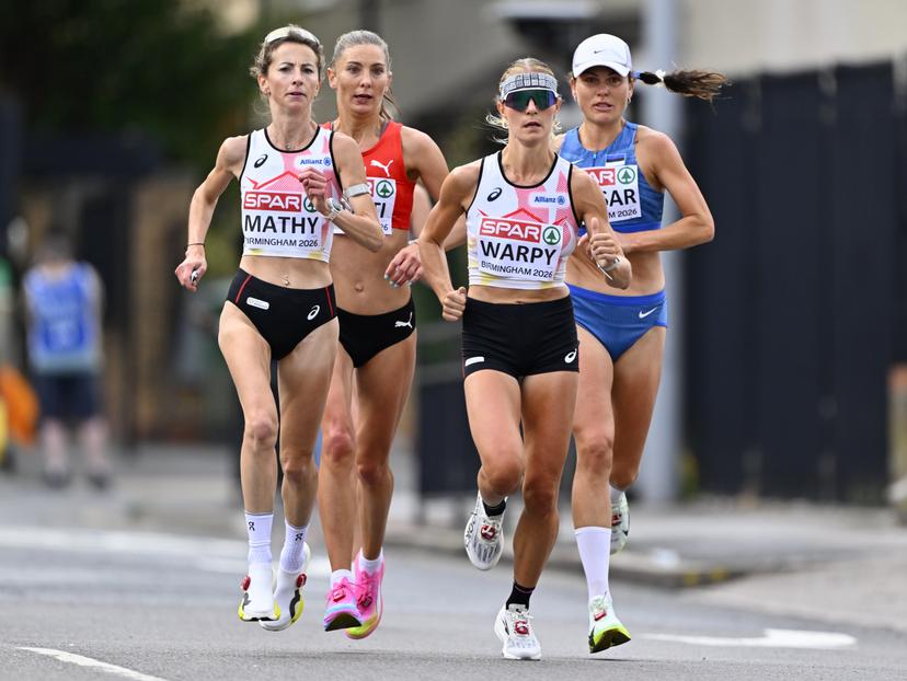 Belgian athlete Valentine Mathy and Belgian athlete Victoria Warpy pictured in action during the women marathon on the last day of the European Athletics Championships (August 10-18) in Birmingham, United Kingdom, on Sunday 16 August 2026. BELGA PHOTO ERIC LALMAND