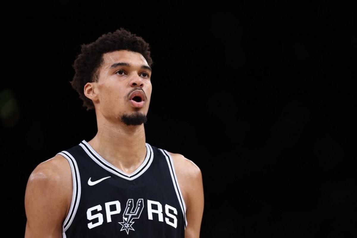 San Antonio Spurs' French forward-center #01 Victor Wembanyama reacts during the NBA basketball game between the San Antonio Spurs and the Indiana Pacers at the Accor Arena - Palais Omnisports de Paris-Bercy - in Paris on January 25, 2025. FRANCK FIFE / AFP
