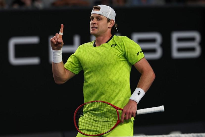 Belgium's Zizou Bergs reacts after a point against Poland's Hubert Hurkacz during their men's singles match on day three of the Australian Open tennis tournament in Melbourne on January 20, 2026. IZHAR KHAN / AFP