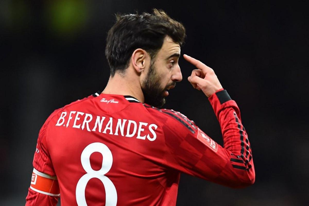 Manchester United's Portuguese midfielder #08 Bruno Fernandes gestures during the English FA Cup third round football match between Manchester United and Brighton and Hove Albion at Old Trafford Stadium in Manchester, north west England, on January 11, 2026. PETER POWELL / AFP