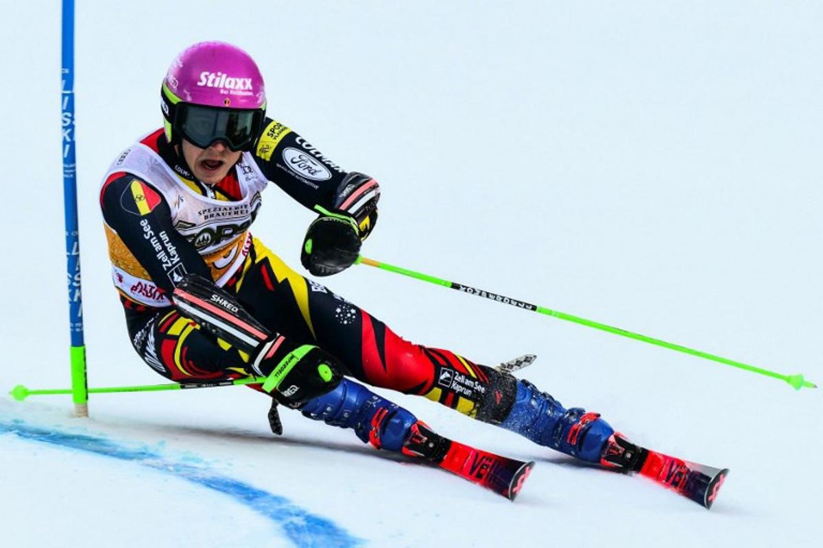 Belgium's Sam Maes competes in the first run of the Men's Giant Slalom event, part of the FIS Alpine Ski World Cup 2025-2026, in Alta Badia, northern Italy, on December 21, 2025. Stefano RELLANDINI / AFP