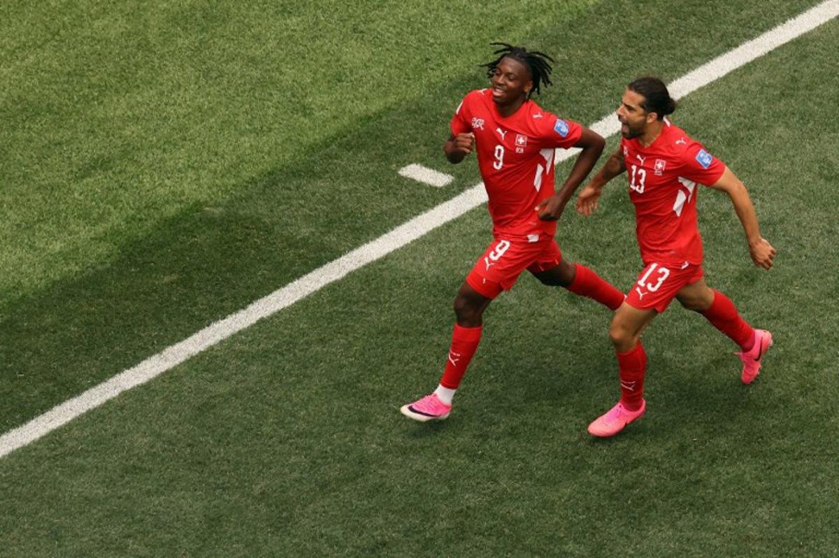 Switzerland's midfielder #09 Johan Manzambi celebrates scoring his team's third goal during the 2026 World Cup Group B football match between Switzerland and Bosnia and Herzegovina at Los Angeles Stadium in Inglewood on June 18, 2026. Etienne Laurent / AFP