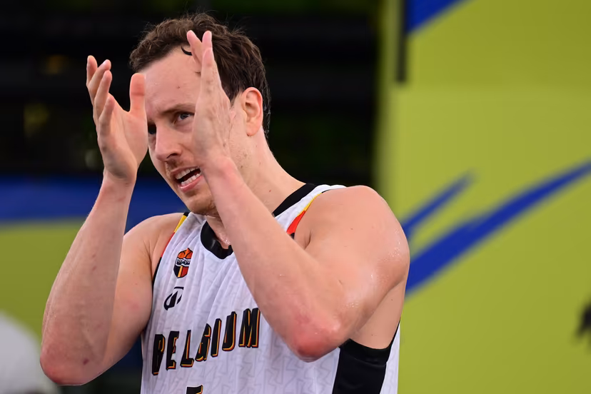 Nick Celis celebrates after winning a 3x3 basketball game between Belgium and Switzerland, a qualifying game in Pool A at the men's FIBA 3x3 Europe Cup, on Saturday 12 September 2026 in Antwerp. BELGA PHOTO DIRK WAEM