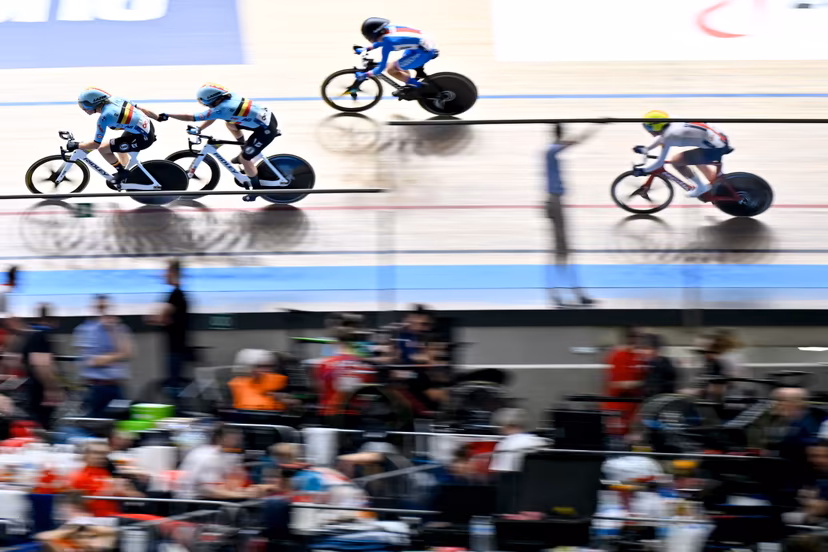 Belgian Katrijn De Clercq and Belgian Helene Hesters pictured in action during the women's Madison final at the 2025 UEC Track Elite European Championships, in Heusden-Zolder, Belgium, Sunday 16 February 2025. The European Championships take place from 12 to 16 February. BELGA PHOTO DIRK WAEM