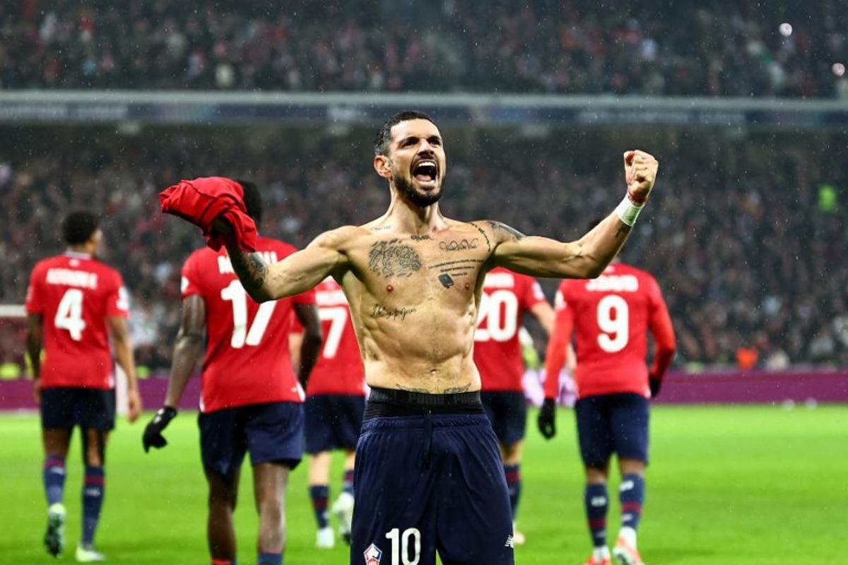 Lille's French midfielder #10 Remy Cabella celebrates scoring his team's sixth goal during the UEFA Champions League, league phase - matchday 8 football match between Lille OSC (LOSC) and Feyenoord Rotterdam at the Stade Pierre-Mauroy in Villeneuve-d'Ascq in Northern France, on January 29, 2025. Sameer Al-Doumy / AFP