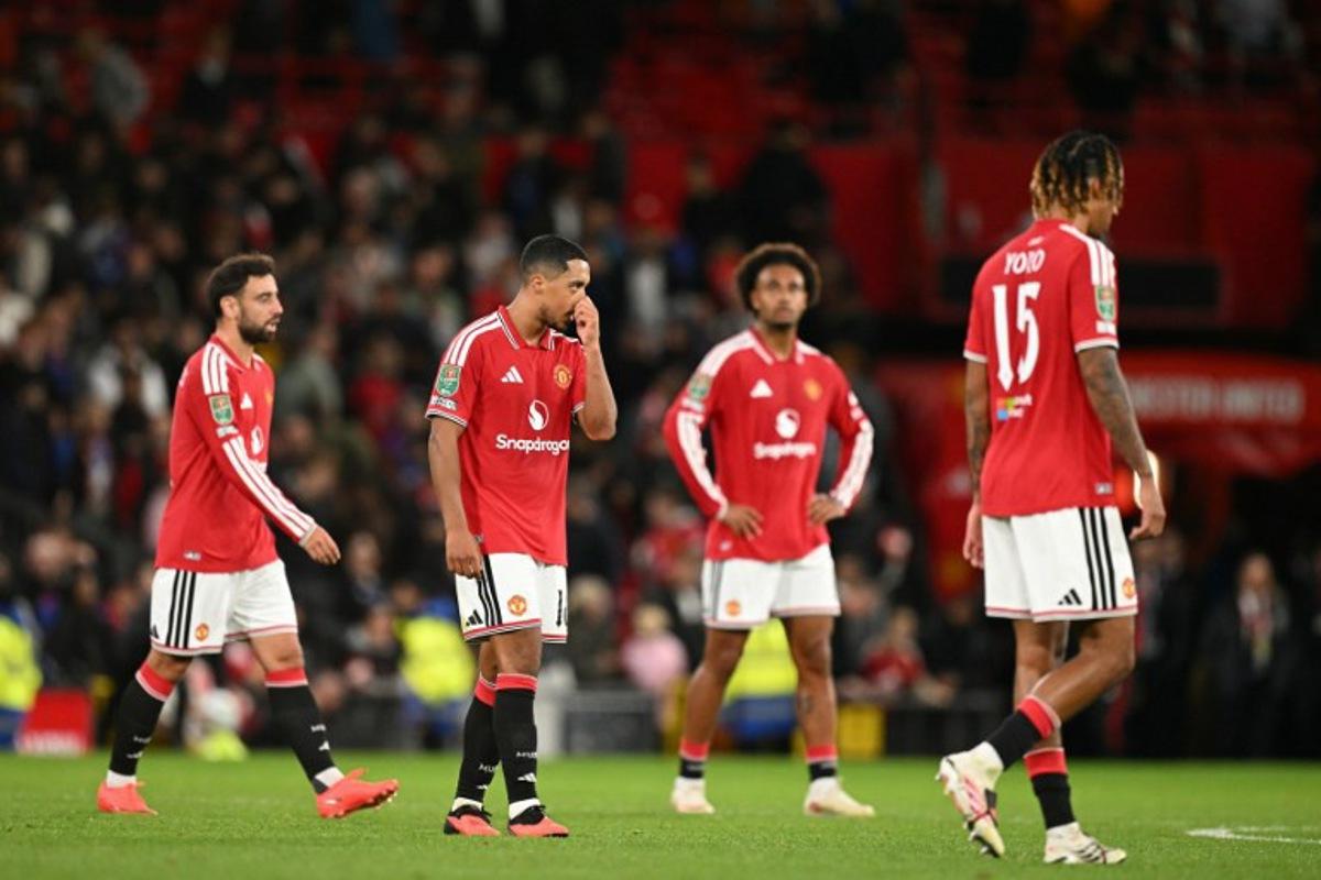 Manchester United's Belgian midfielder #18 Youri Tielemans reacts following the English League Cup third round football match between Manchester United and Brighton and Hove Albion at Old Trafford in Manchester, north west England, on September 16, 2026. Oli SCARFF / AFP