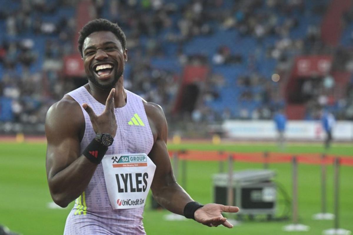 USA's Noah Lyles reacts after winning the Men's 150m race with a new world record at the 65th IAAF 2026 Golden Spike Athletics Meeting in Ostrava, Czech Republic on June 16, 2026. Michal Cizek / AFP