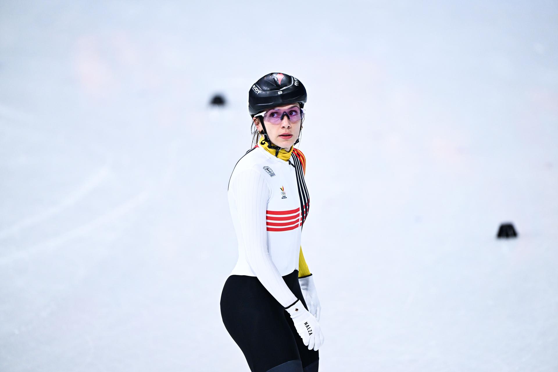 Belgian shorttrack skater Hanne Desmet pictured in action during the heats of the women's 1000m Short Track Speed Skating, at the Milano Cortina 2026 Olympic Winter Games, on Saturday 14 February 2026 in Milan, Italy. The XXV Winter Olympics take place from 6 to 22 February 2026 in Italy. BELGA PHOTO JASPER JACOBS