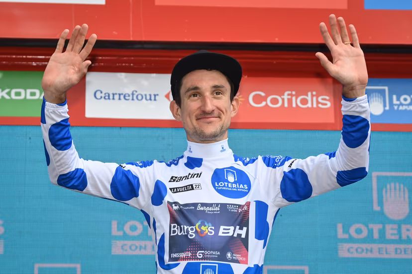 Monegasque Victor Langellotti of Burgos-BH celebrates on the podium in the polka-dot jersey for best climber after stage 7 of the 2022 edition of the 'Vuelta a Espana', Tour of Spain cycling race, from from Camargo to Cistierna (190 km), Spain, Friday 26 August 2022. BELGA PHOTO DAVID STOCKMAN
